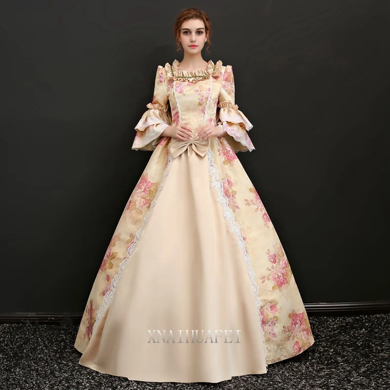 long flare sleeve Pastoral style champagne venice carnival queen ball gown medieval dress Renaissance Gown Victoria