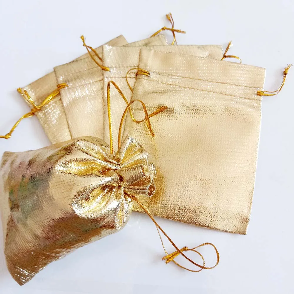 50pcs Gold Cloth Foil Organza Bag Drawstring Bag Jewelry Bags Fabric Pouch Gift Bags Wedding/Party/Christmas Packaging Display