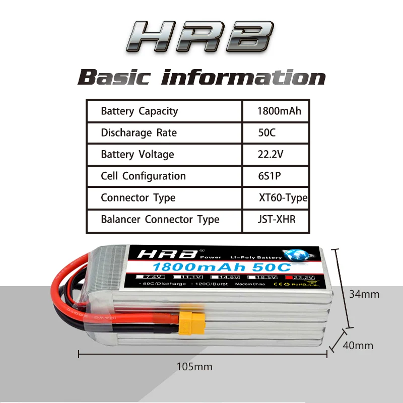 2pcs HRB 1800mAh Lipo 6S 22.2V Bettery 50C Max 100C XT60 T DEAN For SAB380 Align 470 ALZRC Devil 380 480 RC Helicopter Boat Car