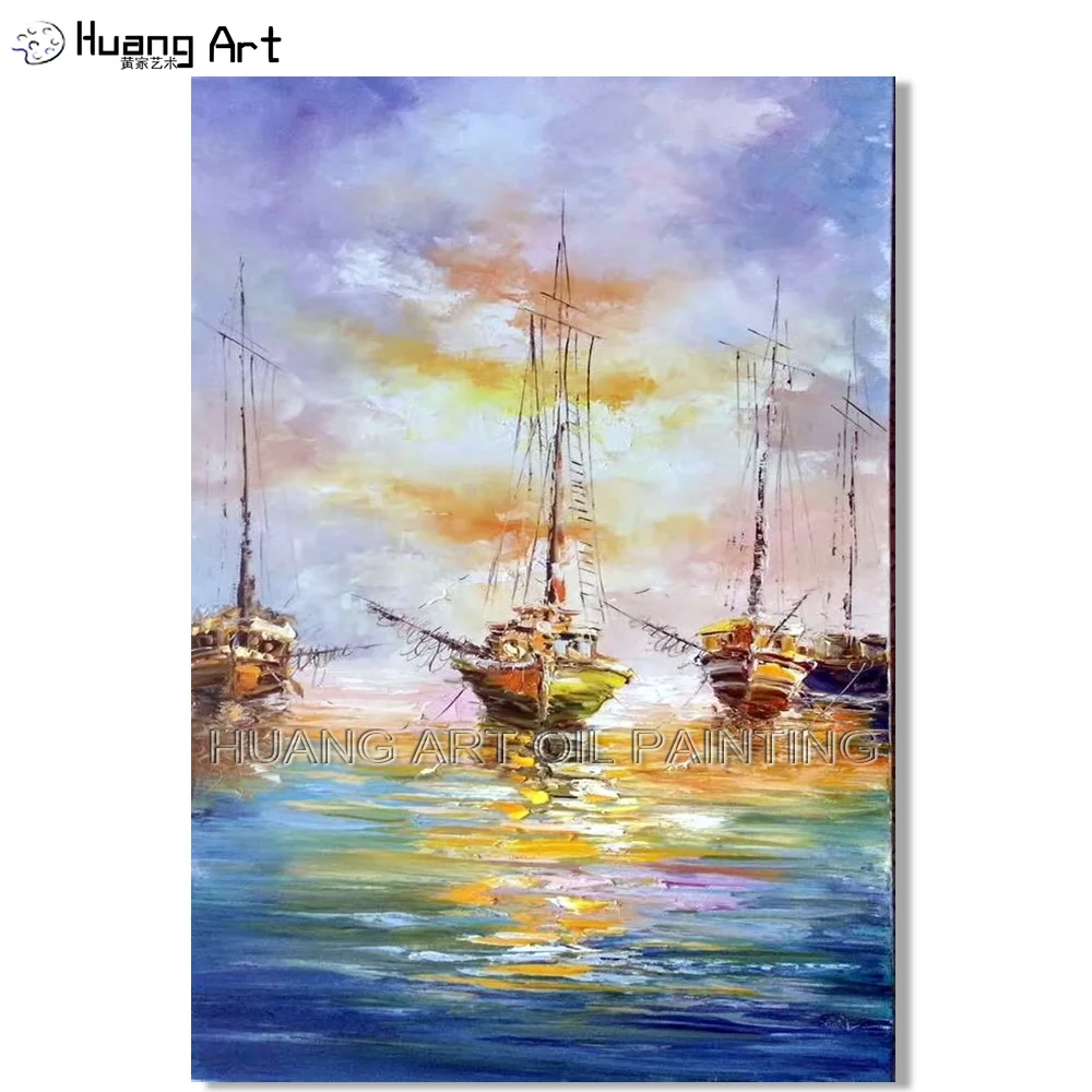 

Hot Selling High Quality Hand Painted Abstract Sunrise Seascape Oil Painting on Canvas Knife Sailing Landscape Oil Painting