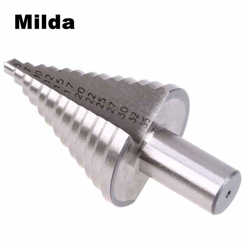 Milda 5-35MM HSS Step Drill 13 Steps 5,7,10,12,15,17,20,22,25,27,30,32,35 Multiple Hole Metals Platic Wood Cone Drill Bits