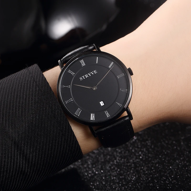 Minimalist Design Men Business Wrist Watches Black Leather Calendar Waterproof Stryve Quartz Men Fashion Watch Relojes Hombre