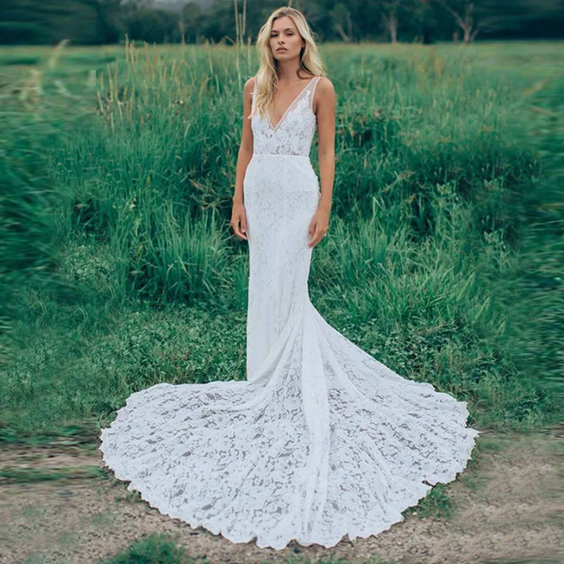 LORIE Beach Wedding Dresses White Sexy V-Neck Mermaid Wedding Gown Elegant Boho Lace Bridal Gowns Sweep Train Open Back Princess