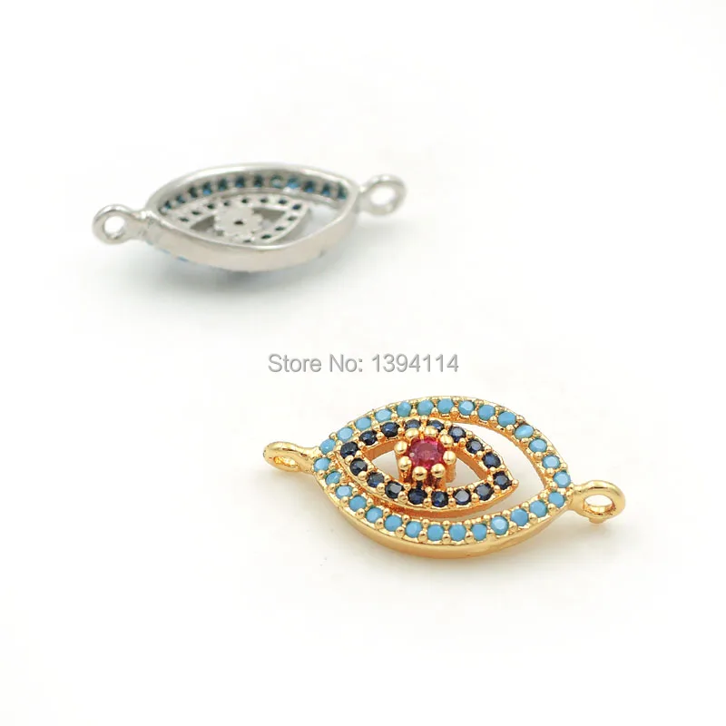 20*9*3mm Micro Pave Red&Blue&Kalaite CZ Combination Connector Of 2 Similar Eyes Fit For Women As DIY Bracelets Accessory