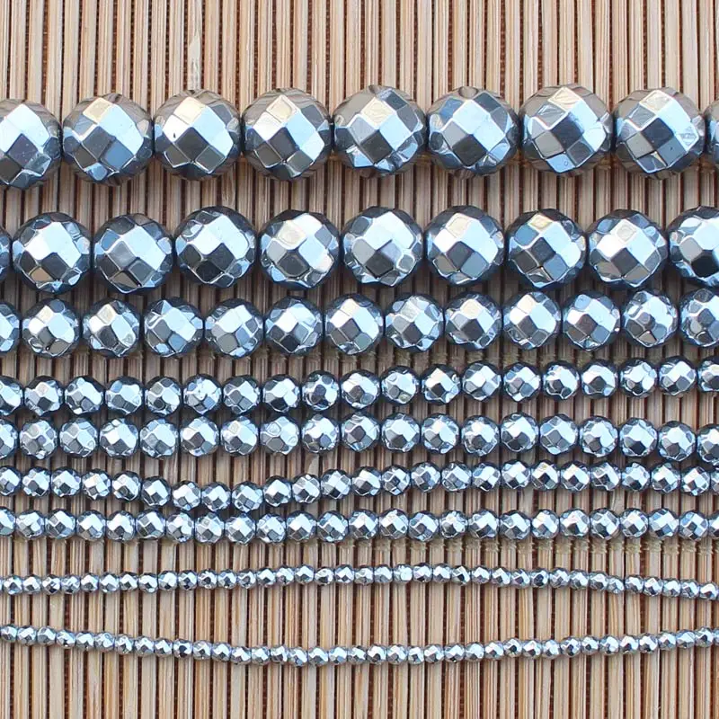 Facted 2-12mm Natural Hematite Electroplate silvery Round Loose Beads 15inch Wholesale For DIY Jewellery