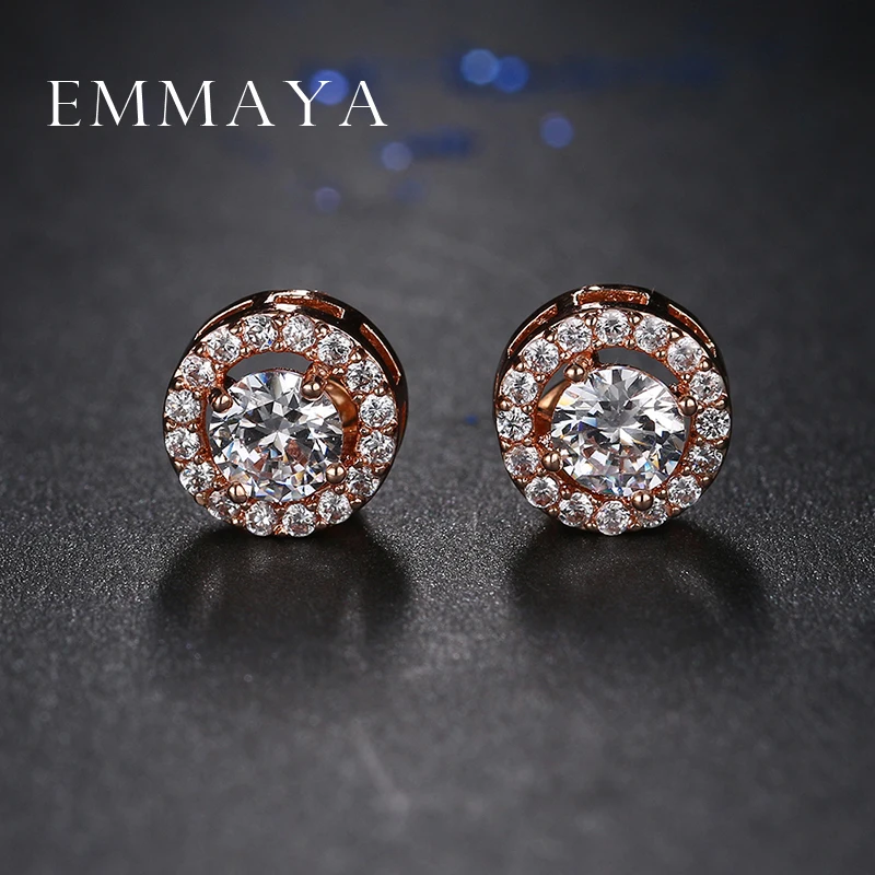 Emmaya Fashion Prong Setting CZ Crystal White / Rose Gold Color Stud Earrings Jewelry for Women Boucle D\'oreille