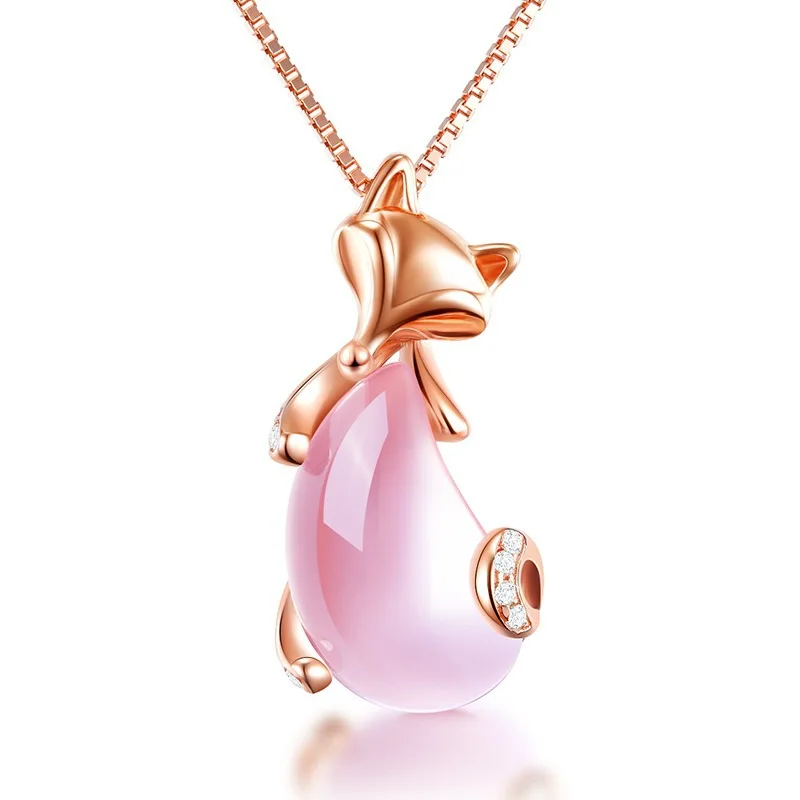 OMHXZJ Wholesale European Fashion Woman Girl Party Gift Fox Pink Rose Quartz Zircon 18KT White Rose Gold Pendant Necklace NA114