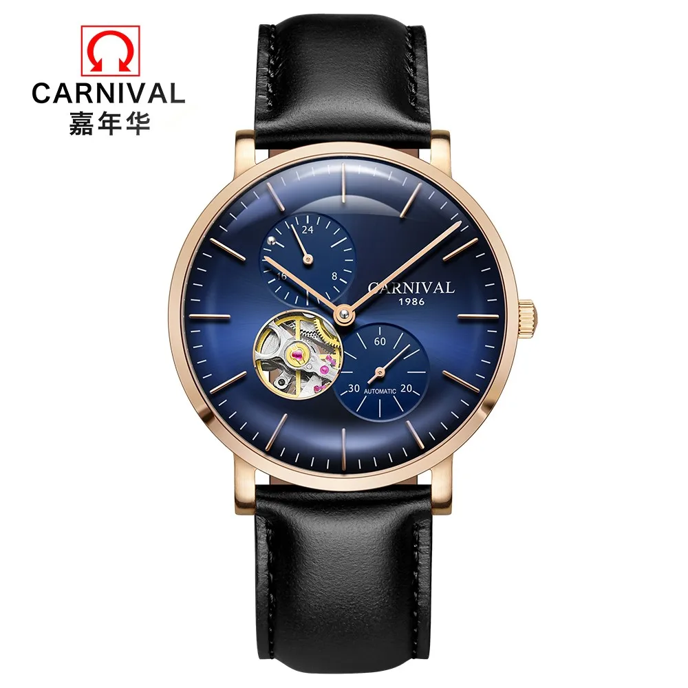 Men Sport Mechanical Watches Top brand CARNIVAL Tourbillon Automatic Watch Men Small second dial 24hours display skeleton watch