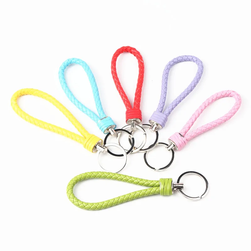 14pcs/lot Fashion Handmade PU Leather Rope Woven Keychain Metal key rings Key Chains Men or Women Key Holder Key