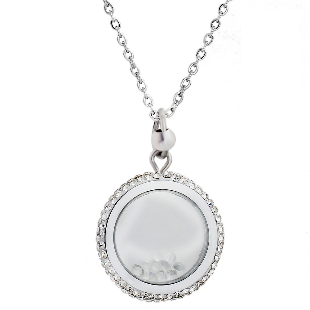 Rose Gold Color 316L Stainless Steel Glass Round Pendant Necklace with CZ crystal for women