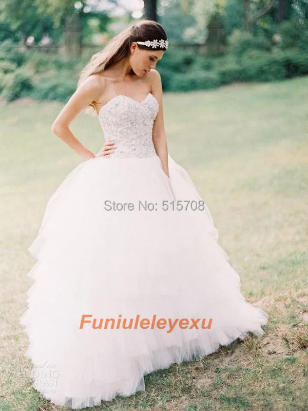 Modern Long Wedding Dresses Ball Gown Sweetheart Floor length Sweep Train Bubble Fold Beading Organza Bridal Gown