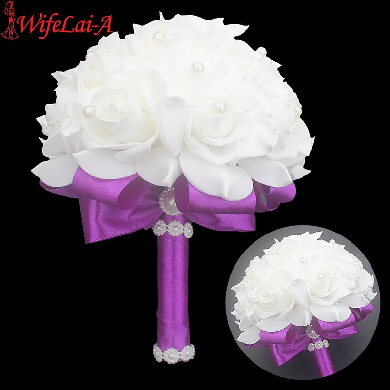 

12 Color POP Pearls Burgundy Flower PE Foam Wedding Bouquet De Mariage Wedding Bouquets PE Rose Diamond Ribbon Bouquet W2017P