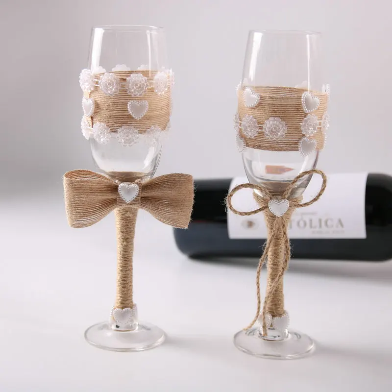 

1 pair Rustic jute burlap Wedding Bridal Shower Gift wedding Champagne Toasting Glasses Set wedding wine cup