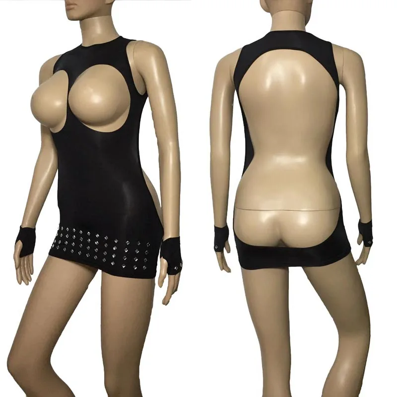 

Sexy Opaque Black Cupless Rhinestone Bodycon Mini Dress with Gloves Open Butt Backless Fetish Lingerie Set