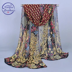 Bufandas de seda de gasa para mujer, chales de poliéster con estampado de flores, pavo real, Hijab de verano, 160x50CM, venta al por mayor, novedad