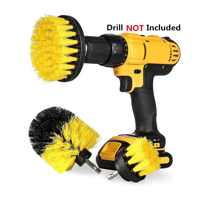 3Pcs/Set Yellow Electric Drill Brush Car Tires Nylon Power Scrubber Drill Brushes Plastic Round Cleaning Brush For Carpet Glass