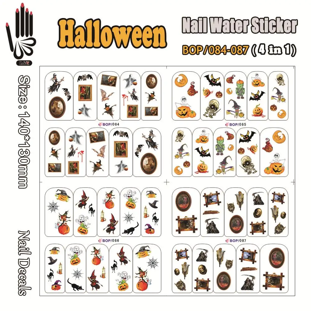 4 Sheets/Lot Nail Water Decal BOP084-087 Halloween All Saints' Day Nail Art Water Sticker for Nail Art Accessory(4 DESIGNS IN 1)