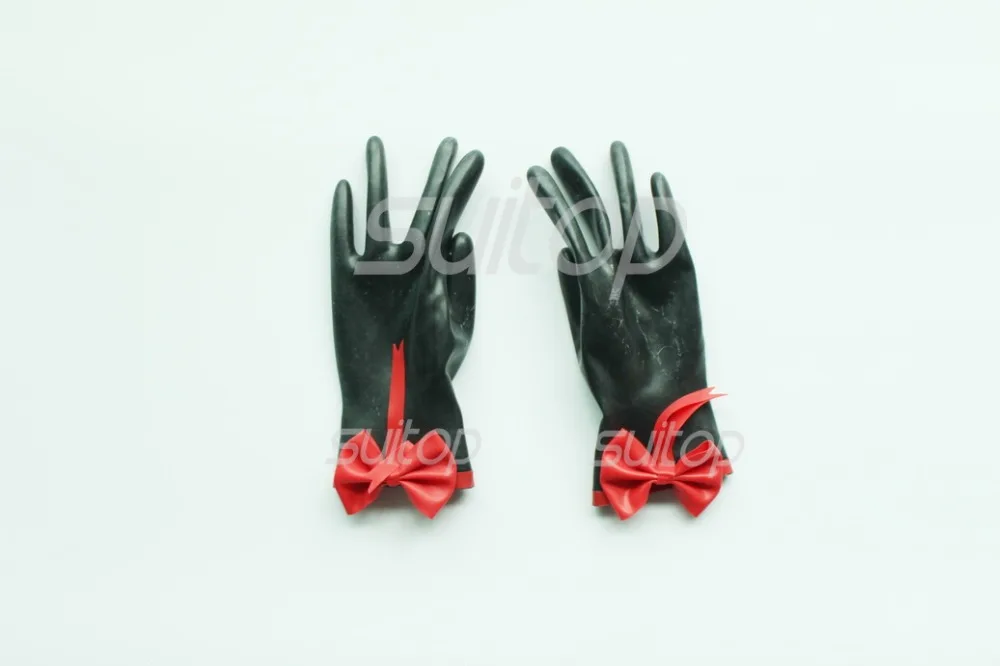 Suitop Latex rubber  short gloves in red and black trim BOW-TIE