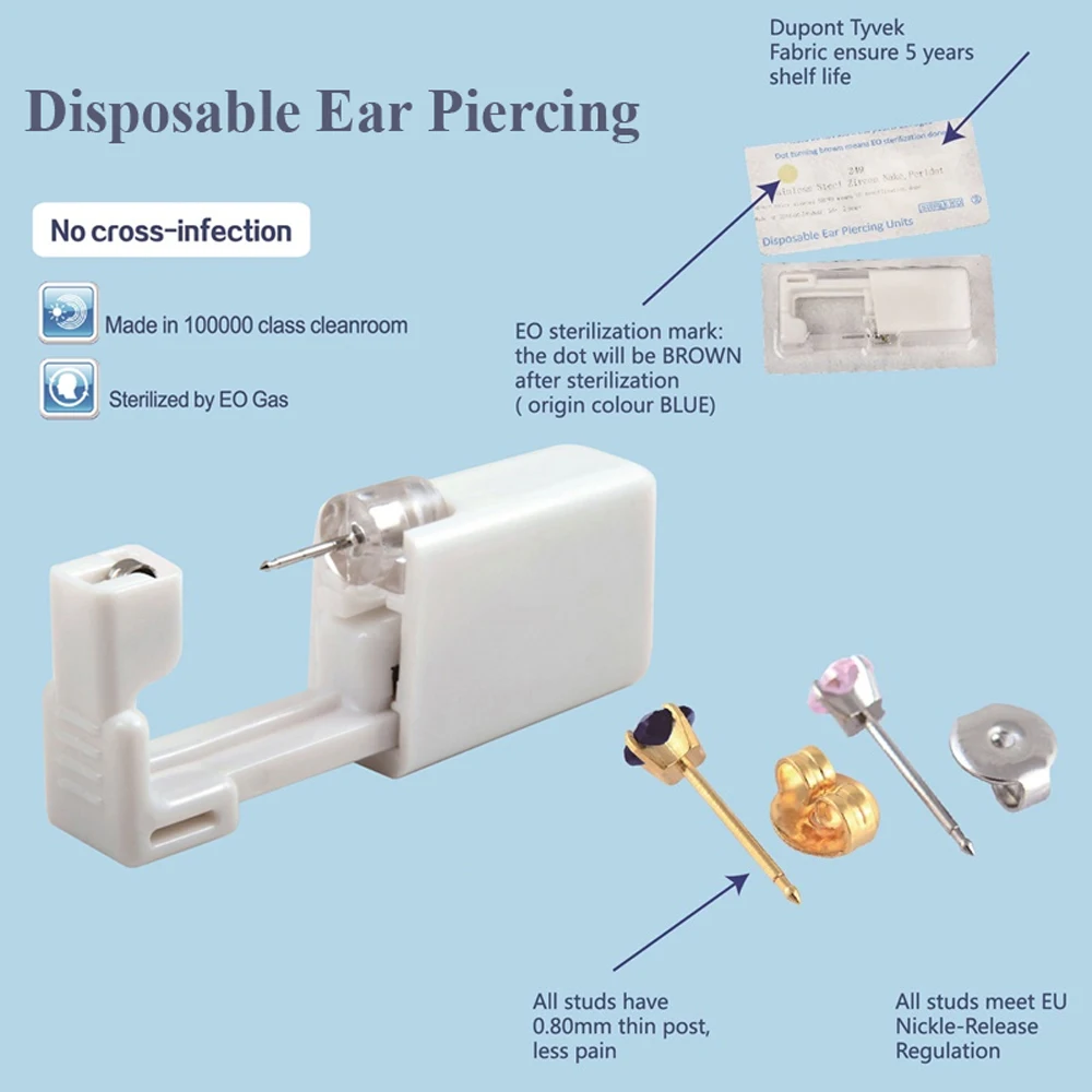 10piece Sterilized Disposable Ear Piercing Units Clear Crystal Prong Setting Stud Earring Gun Tools Set Safety & Easy for Woman