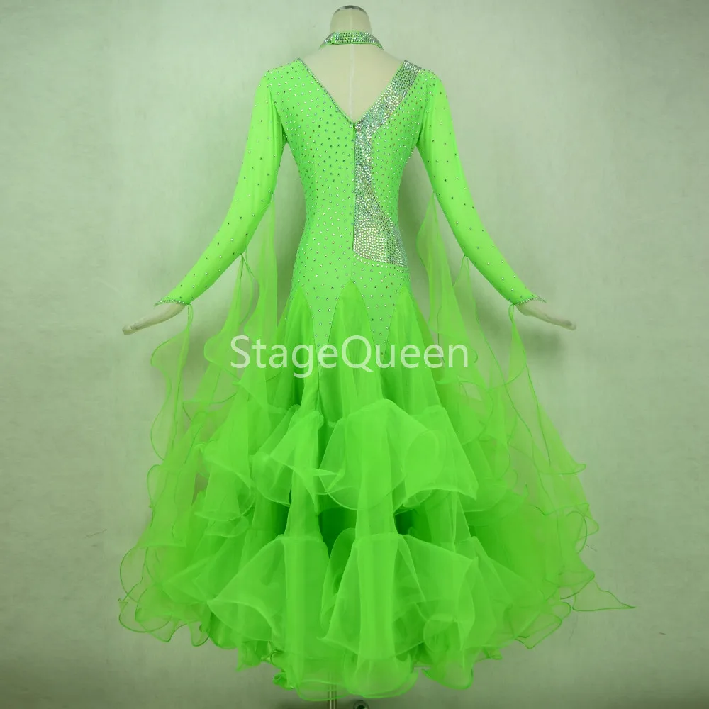 Green Rhinestones Standard Ballroom Dresses Girls Long Sleeve Dancing Costume Adult Waltz Ballroom Competition Dance Dress