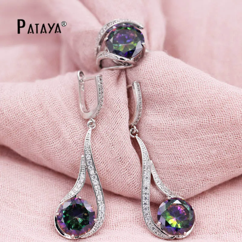 

PATAYA Round Rainbow Bridal Jewelry Sets True White Gold Color Natural Zircon Earrings Ring Sets Weddings Nigerian Vintage Sets