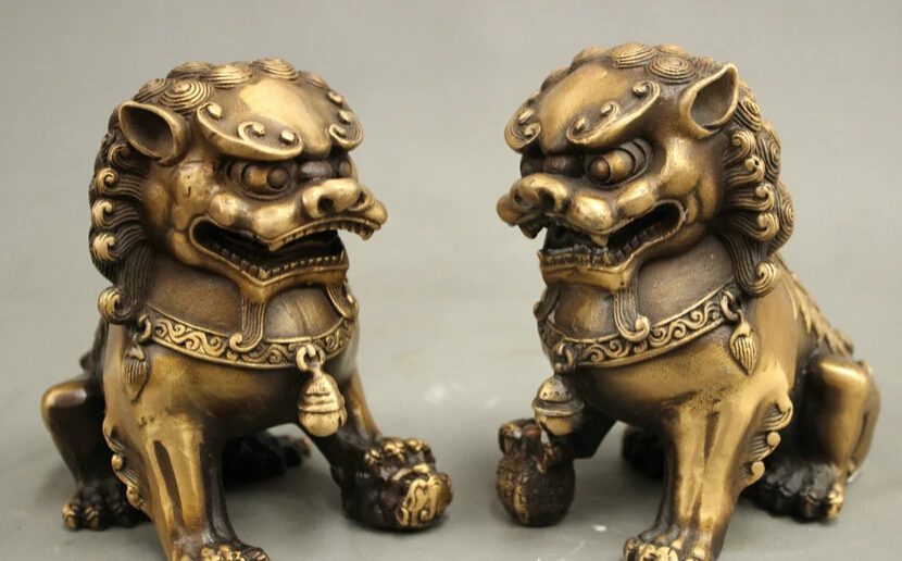 song voge gem S2815 Chinese Fengshui Bronze Ball Exorcise Evil Spirits Foo Fu Dog Lion Statue Pair