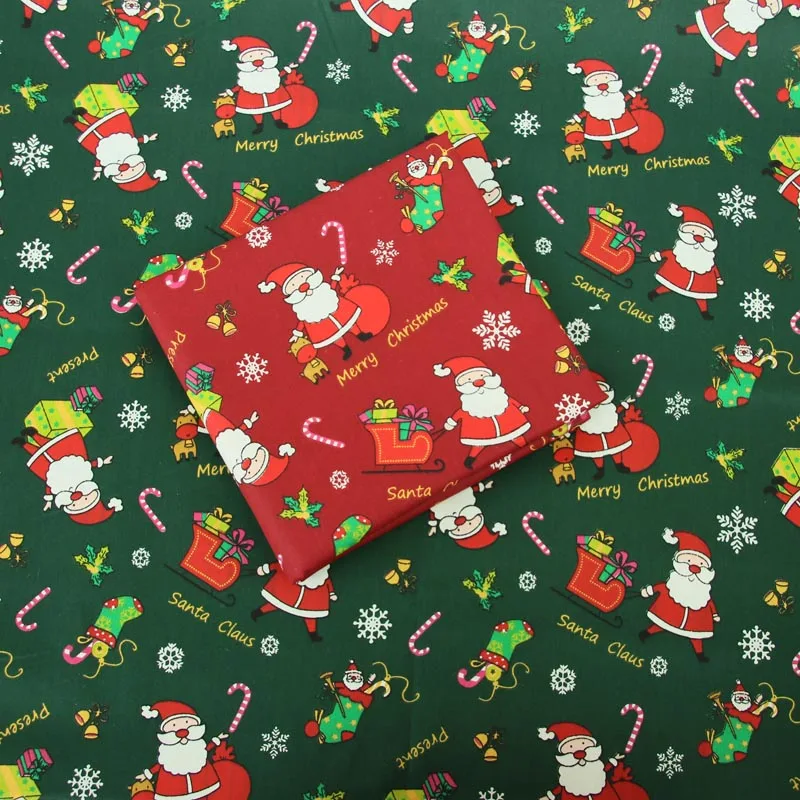 Tela de sarga de algodón 100%, tejido de Papá Noel de Navidad, rojo oscuro, verde, para ropa de cama, manualidades, mantel acolchado, artesanía de retales