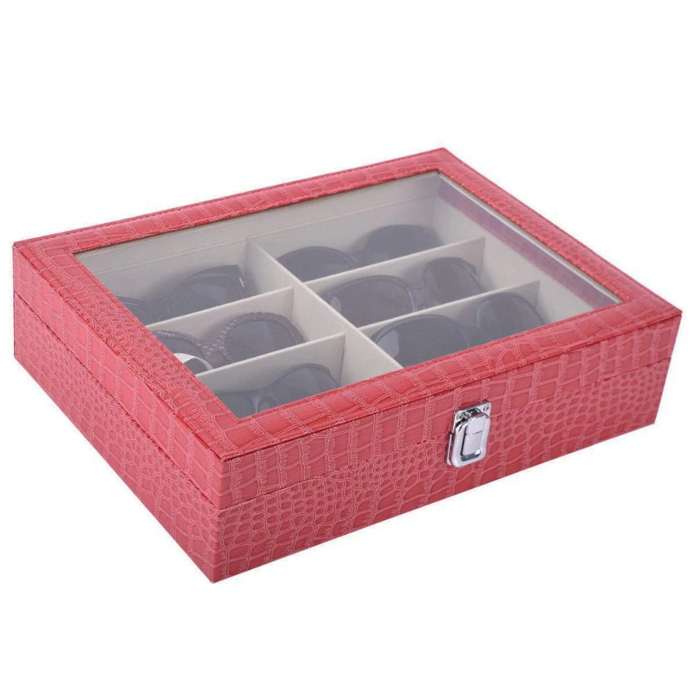 SZanbana Red 8-Slot Faux Leather Eyeglasses Storage and Sunglass Glasses Display Case Glasses Organizer Collector Jewelry Box