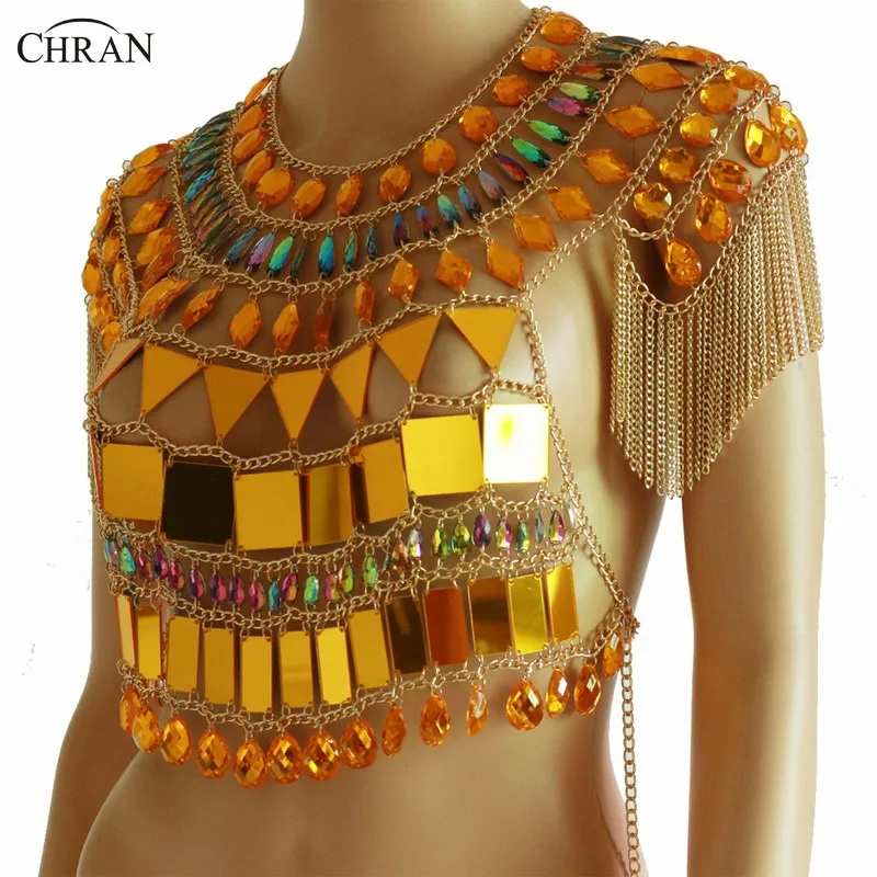 Chran Gold Tassels Sequin Chain Crop Top Classic Chainmail Bra Body Chain Sexy Showgirls Rave Outfit