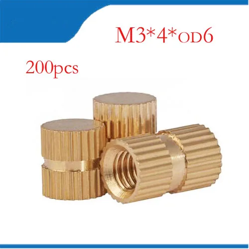 

200pcs M3 x 6mm x OD 4mm Injection Molding Brass Knurled Thread Inserts Nuts