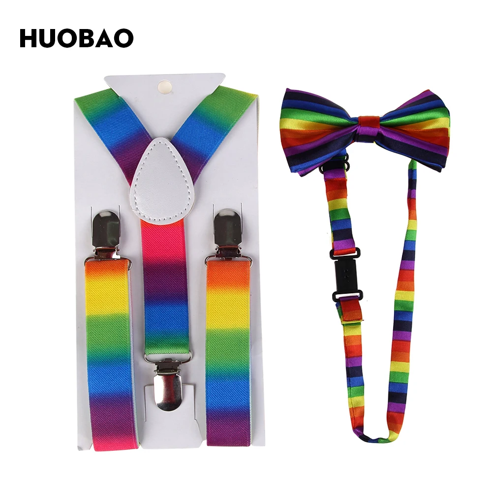 HUOBAO 2019 Fashion Colorful Rainbow Striped Suspenders And Bow Ties Sets For Children