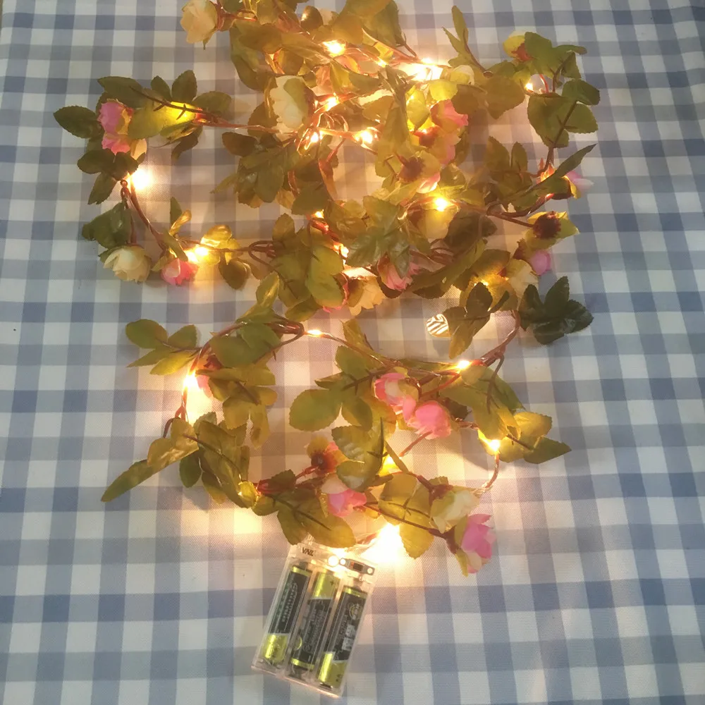 Handmade 2.2M 25 LEDs Pink Rose Outdoor Garland String Light Battery Operate Copper Fairy String Lights For Wedding Decoration