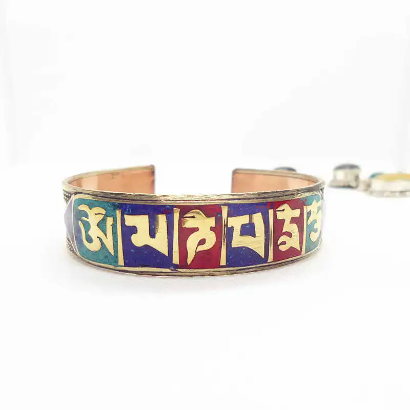 BB-193 Tibetan Mantras Amulet Open Cuff Bangles OM MANI PAD ME HUM Bangle Red Copper Inlay Colorful Stone