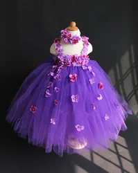 Beautiful Girls Purples Flower Petals Tutu Dress Kids Fluffy Tulle Wedding Party Dress with Headband Children Crochet Long Tutus