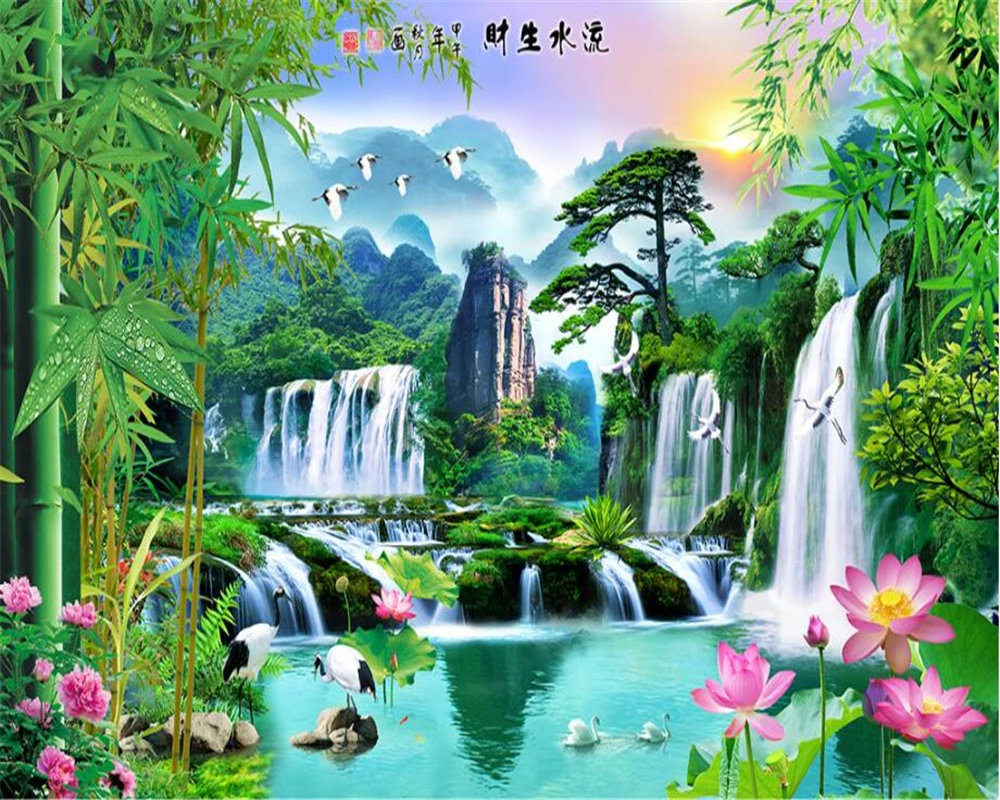 

Beibehang 3d wallpaper nature painting bamboo lotus welcoming pine scenery landscape water TV background wall mural 3d wallpaper