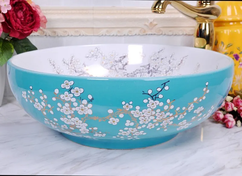 

China Painting Blue plum blossom Ceramic Painting Art Bathroom Vessel Sinks Round counter top dining room wash basin