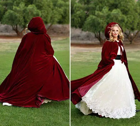 

Burgundy Wine Ghost Velvet Wedding Jackets Vintage Cloak Capes Dark Red Long Bridal Coat Cap Hooded chaqueta Wedding Accessories