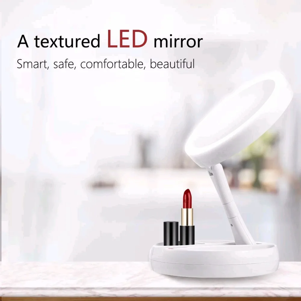 Foldable Portable Bathroom Makeup Mirror 10x Magnifying LED Lighting Professional Vanity Mirror Adjustable 270 Degree Rotating