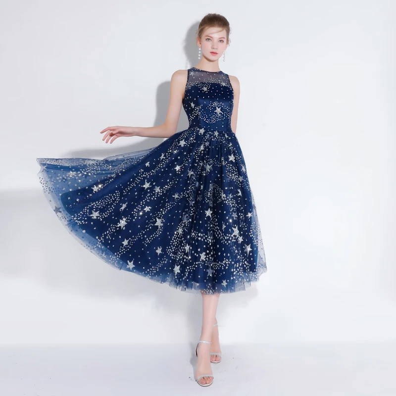 Customized Short Cocktail Dress Blue Star Shines Sleeveless High-necked Party Gown Formal Dresses Robe De Soiree