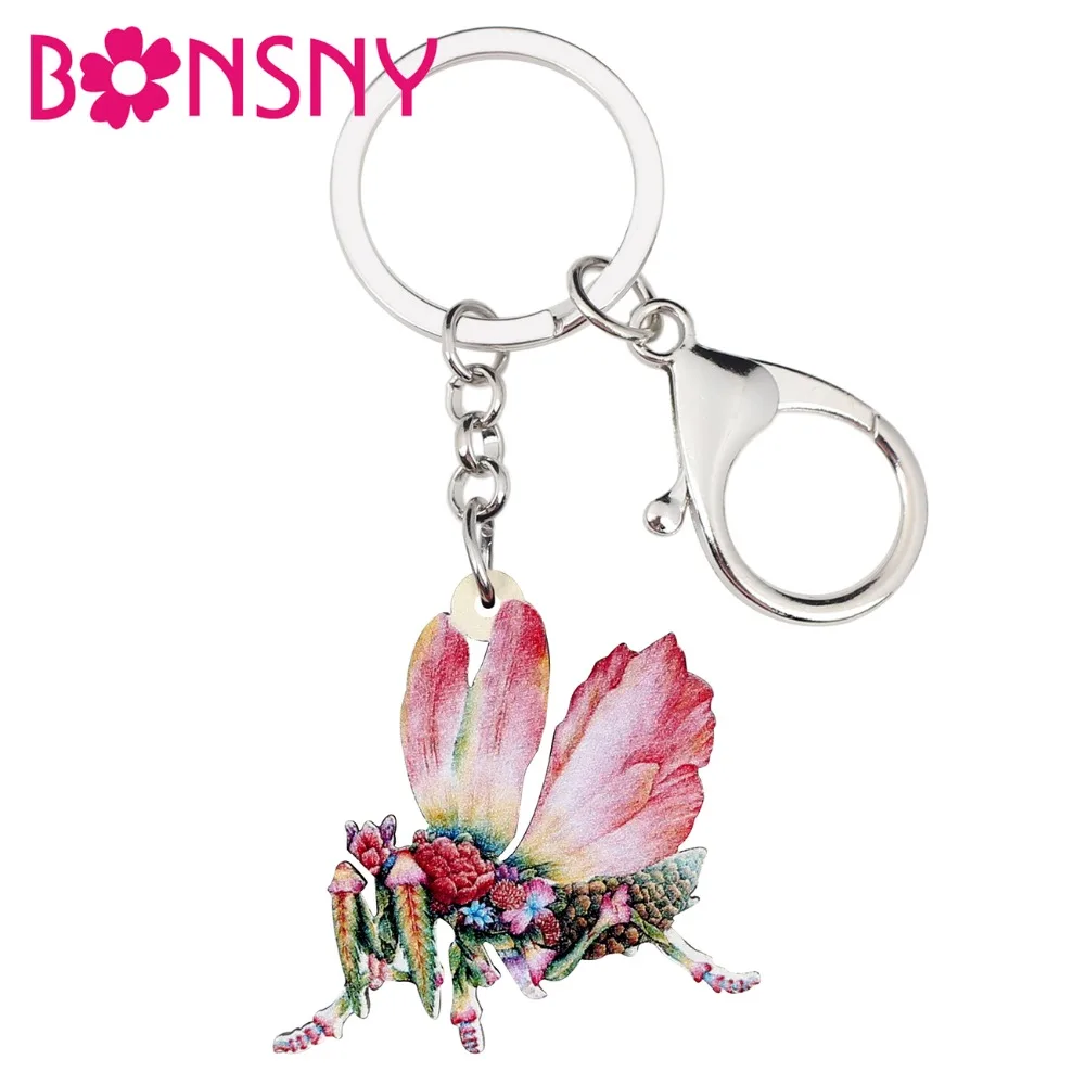 Bonsny Acrylic Flower Idolomantis Diabolica Mantis Key Chain Keychain Ring Novelty Insect Jewelry For Women Girls Bag Car Charms