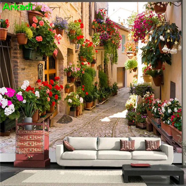 

European town mural wallpaper living room sofa TV background wallpaper American country garden red brick town 3D restaurant cafe