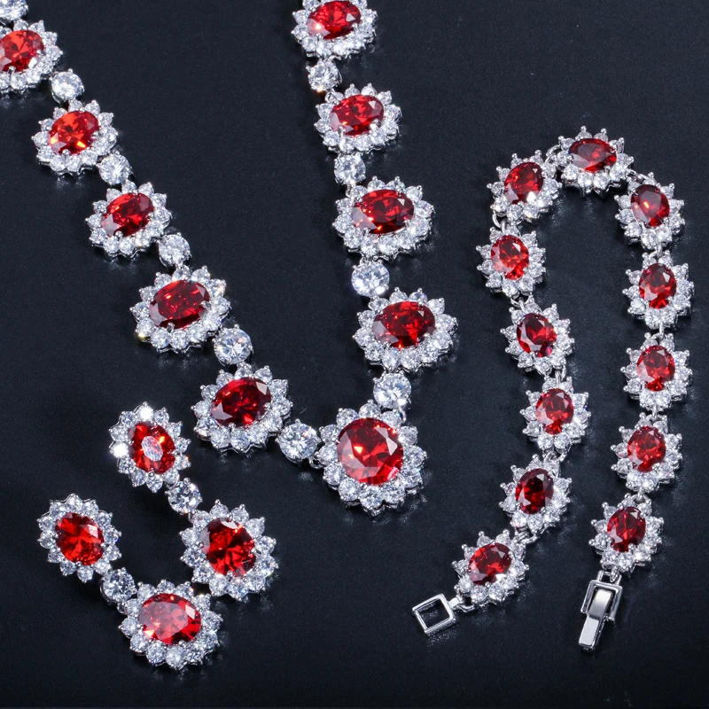 CWWZircons Sparkling Round Cubic Zirconia Luxury Big Bridal Red Necklace Earring Bracelet Set For Wedding Party Jewelry T083