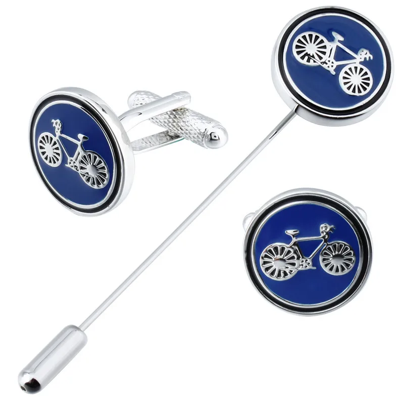 

HAWSON Bike Cufflinks Brooches Pin Set Round Blue Bicycle Cuff Links Button Long Needle Pins Come with Box