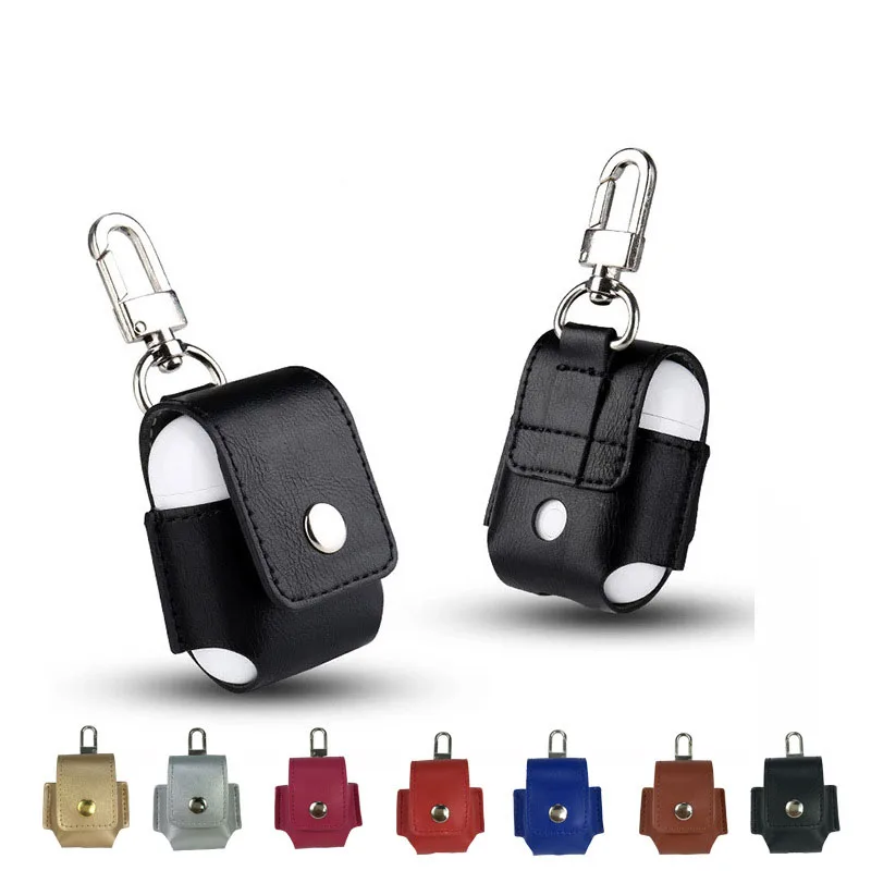 Funda protectora para auriculares inalámbricos Air Pods, funda de cuero PU con soporte, fundas de carga con gancho para Apple AirPods
