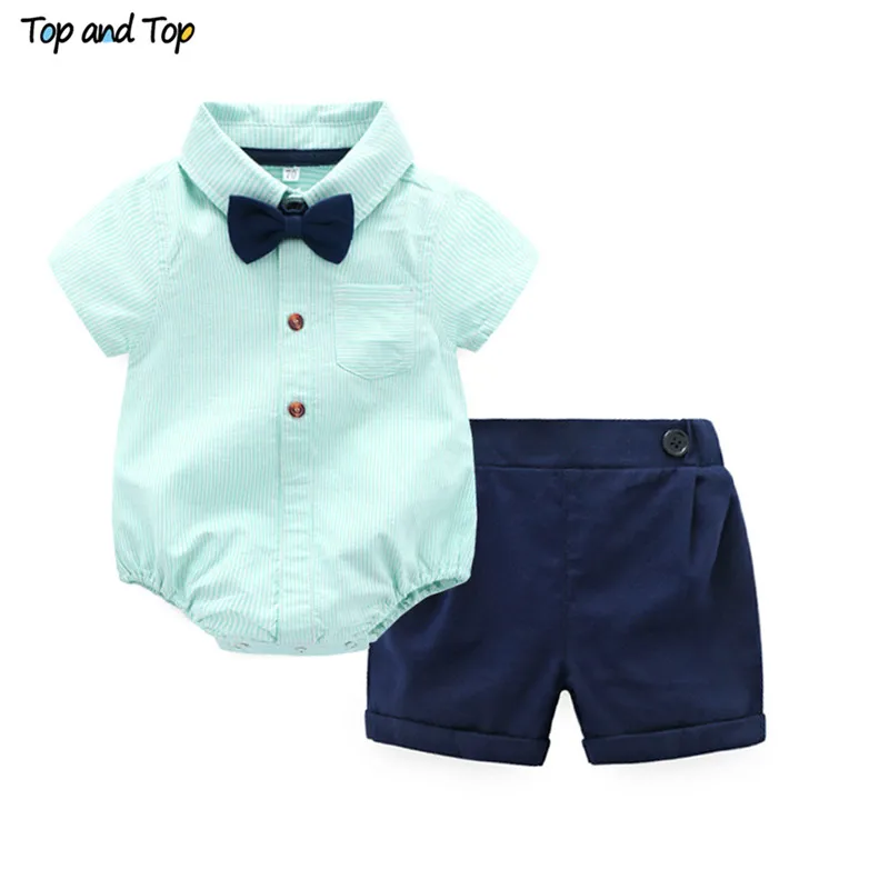 Top and Top Summer Baby Boys Gentleman Striped Clothes Sets Cotton Short Sleeve Rompers Shirts + Shorts + Bow Tie 3pcs/set