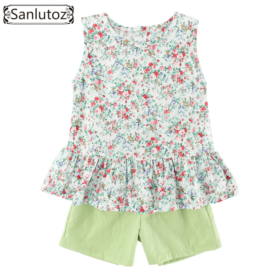 Sanlutoz Summer Children Clothes Cotton Flower Girls Clothing Sets Fashion Child Sets Party Brand Toddler ( T-Shirt + Shorts )