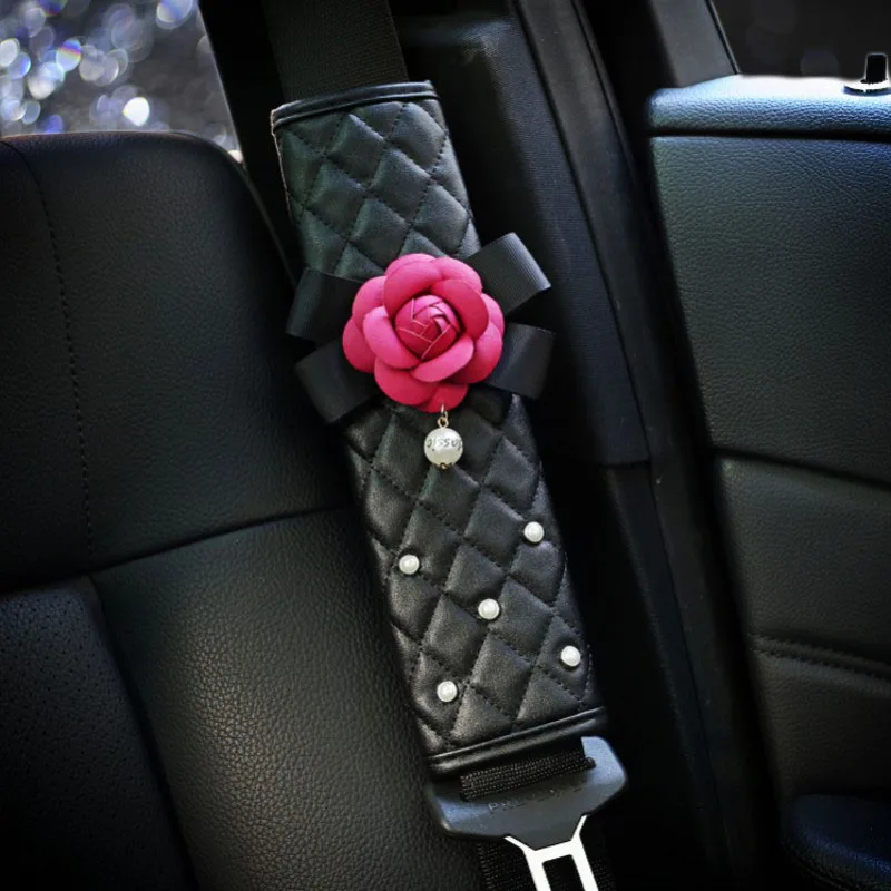 1PC Fashion Pearl Camellia Flower Car Seat Belt Cover Shoulder Pads Car Shifter Hand Brake Covers Auto Interior Accessories