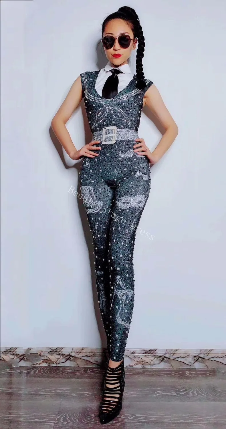 

Black Rhinestones Pearls Spandex Jumpsuit Women's Birthday Dance Bodysuit Leggings Nightclub Female Singer Show Costume Outfit