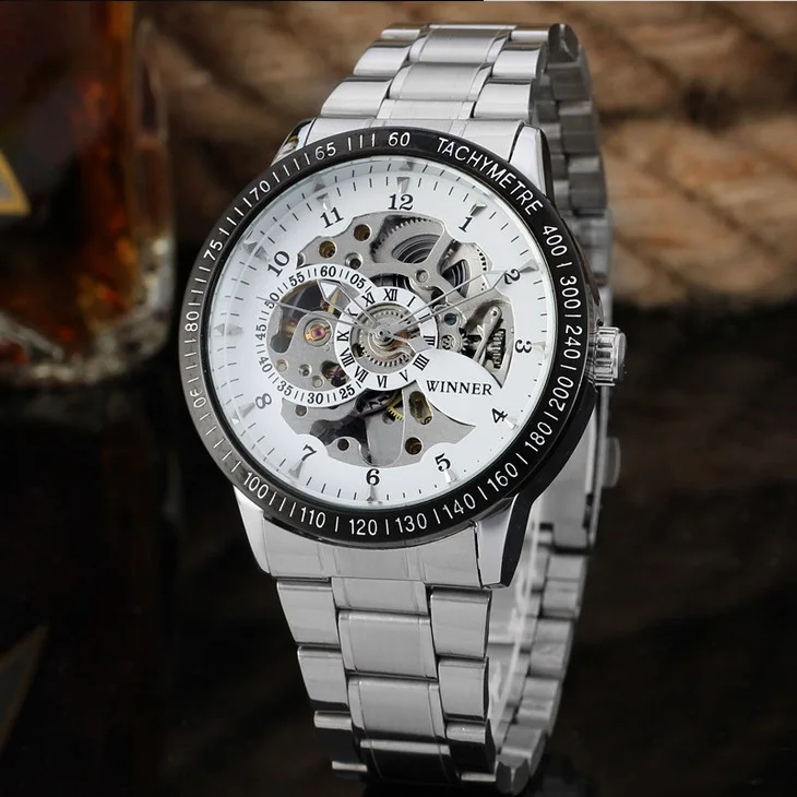 Top Fashion Winner Brand Vintage Black Steel Stainless Black Dial Men Mechanical Skeleton Watch Men Wristwatch Gift Business