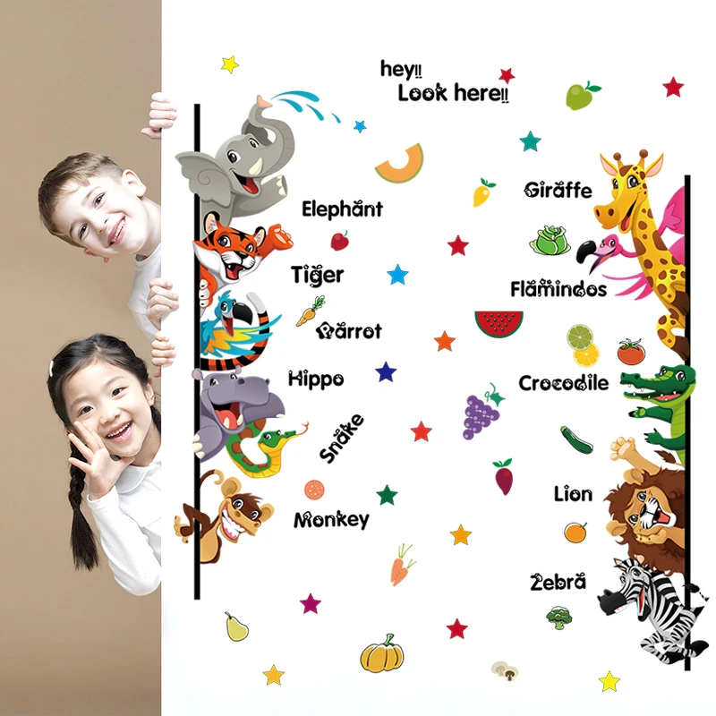 Cartoon Animals English Wall Stickers For Kids Children Room Home Decor Wallpaper Kindergarten Interesting Decoration Art Decals